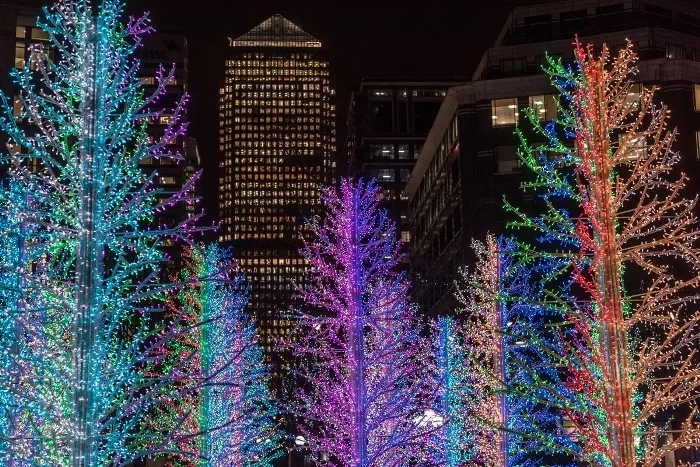 London Christmas Lights 2025 Canary Wharf at night