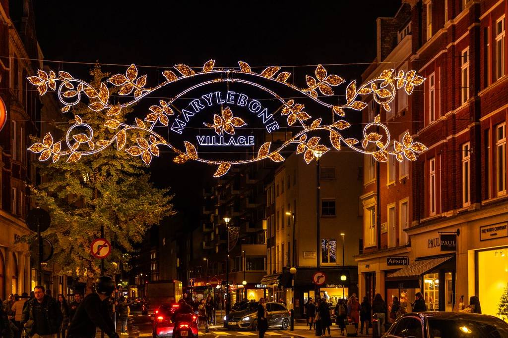 London Christmas Lights 2025 Marylebone Village display at night